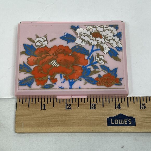 Vintage Celluloid Pink Pocket Vanity Mirror Compact Tissue Holder Asian Floral - Picture 6 of 8